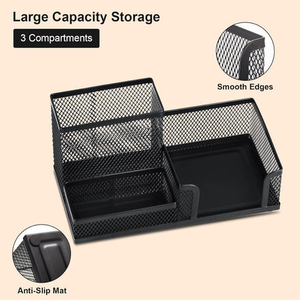 Black 3 Compartment Metal Mesh Pen Holder Desk Organizer for Office and Home Work - 1 Piece.