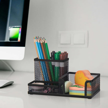Black 3 Compartment Metal Mesh Pen Holder Desk Organizer for Office and Home Work - 1 Piece.