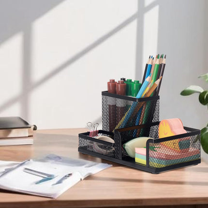 Black 3 Compartment Metal Mesh Pen Holder Desk Organizer for Office and Home Work - 1 Piece.