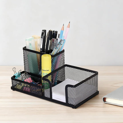 Black 3 Compartment Metal Mesh Pen Holder Desk Organizer for Office and Home Work - 1 Piece.