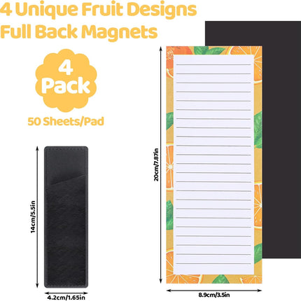 Magnetic Fruit Design Notepads 4 Pack 200 Sheets with Pen Holder for Refrigerator Grocery List.