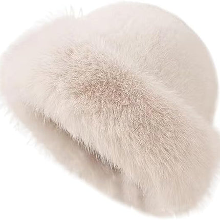 Beige Fluffy Faux Fur Hat Soft Plush Warm Winter Accessory.