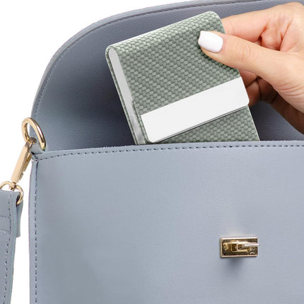 Men's Leather & Stainless Steel Magnetic Business Card Holder - Premium PU Leather & Metal Card Case - Forest Green.