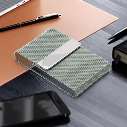 Men's Leather & Stainless Steel Magnetic Business Card Holder - Premium PU Leather & Metal Card Case - Forest Green.