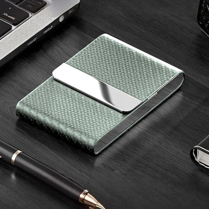 Men's Leather & Stainless Steel Magnetic Business Card Holder - Premium PU Leather & Metal Card Case - Forest Green.