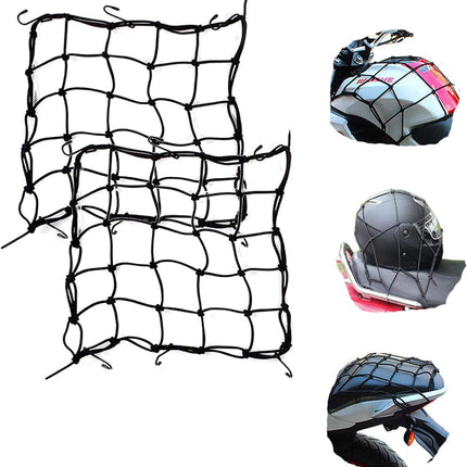2 Pack 40x40cm Elastic Motorcycle Cargo Net with 6 Anti-Scratch Hooks for Scooter Helmet Storage - Black.