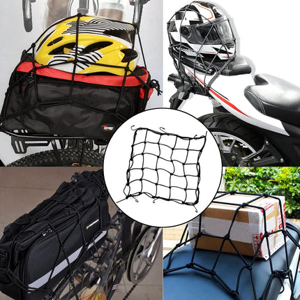 2 Pack 40x40cm Elastic Motorcycle Cargo Net with 6 Anti-Scratch Hooks for Scooter Helmet Storage - Black.