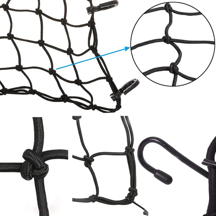 2 Pack 40x40cm Elastic Motorcycle Cargo Net with 6 Anti-Scratch Hooks for Scooter Helmet Storage - Black.