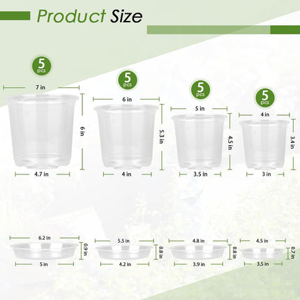 20-Pack Clear Plant Pots with Trays 4/5/6/7 Inch for Succulents Orchids Cuttings.