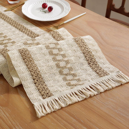 Boho Style Cotton Linen Table Runner 30x180cm Brush Design Durable Brown.