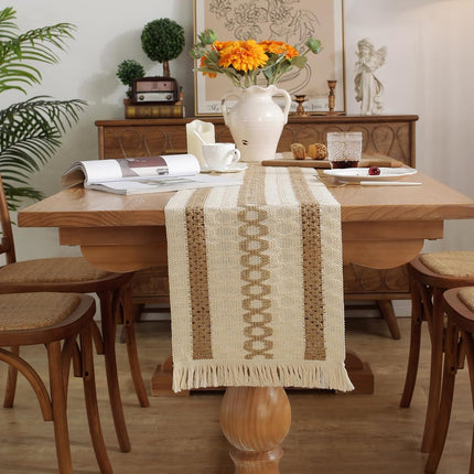 Boho Style Cotton Linen Table Runner 30x180cm Brush Design Durable Brown.