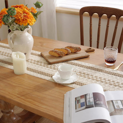 Boho Style Cotton Linen Table Runner 30x180cm Brush Design Durable Brown.