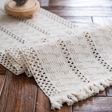 Macramé Table Runner 30x180 cm Handmade Cotton Linen Boho Style Beige Decorative Tablecloth.