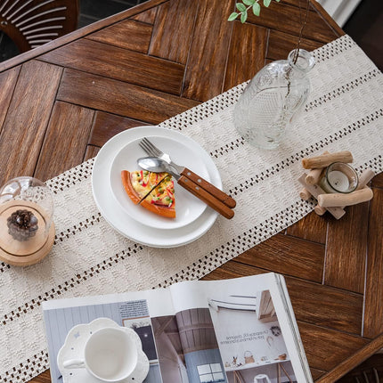 Macramé Table Runner 30x180 cm Handmade Cotton Linen Boho Style Beige Decorative Tablecloth.