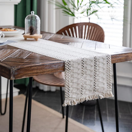 Macramé Table Runner 30x180 cm Handmade Cotton Linen Boho Style Beige Decorative Tablecloth.