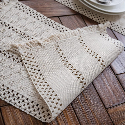 Macramé Table Runner 30x180 cm Handmade Cotton Linen Boho Style Beige Decorative Tablecloth.