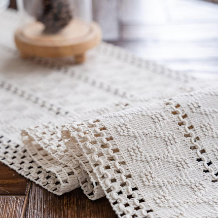 Macramé Table Runner 30x180 cm Handmade Cotton Linen Boho Style Beige Decorative Tablecloth.