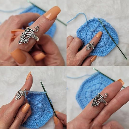 2 Pack Adjustable Yarn Guides for Crocheting & Knitting - Finger Ring Holders - Silver.