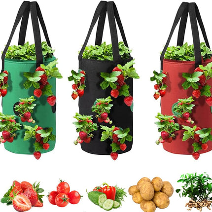 3 Pack Hanging Strawberry Planter Bags with 12 Holes Reusable Felt Grow Bags for Vegetables Herbs Flowers Ideal for Garden Balcony 20x37cm.