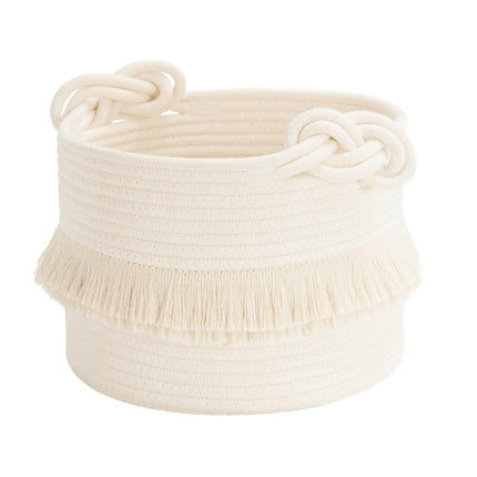 Cotton Storage Basket with Tassels 18x24cm White Decorative Woven Organizer for Bedroom Living Room Kids Room Boho Style.