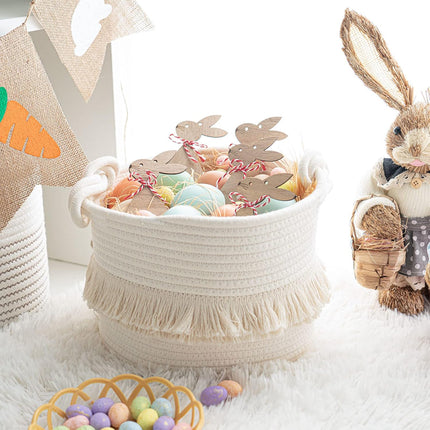 Cotton Storage Basket with Tassels 18x24cm White Decorative Woven Organizer for Bedroom Living Room Kids Room Boho Style.