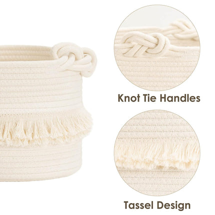 Cotton Storage Basket with Tassels 18x24cm White Decorative Woven Organizer for Bedroom Living Room Kids Room Boho Style.