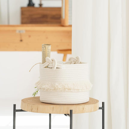 Cotton Storage Basket with Tassels 18x24cm White Decorative Woven Organizer for Bedroom Living Room Kids Room Boho Style.