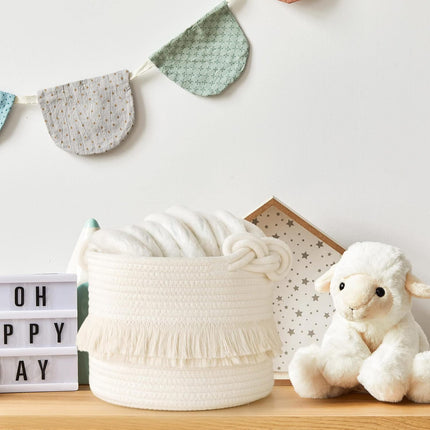 Cotton Storage Basket with Tassels 18x24cm White Decorative Woven Organizer for Bedroom Living Room Kids Room Boho Style.