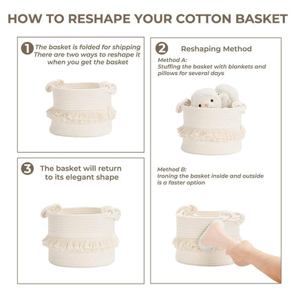 Cotton Storage Basket with Tassels 18x24cm White Decorative Woven Organizer for Bedroom Living Room Kids Room Boho Style.