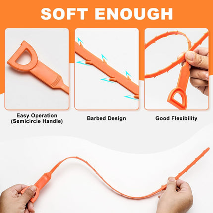 4 Pack Orange Drain Unblocker Flexible Reusable Hooks for Kitchen Bathroom Toilet Sink.