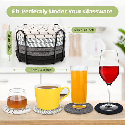 8-Piece Glass Coasters Set with Metal Holder 4 Colors Handmade Cotton Linen Heat Resistant Absorbent Kitchen Dining Table Gift.