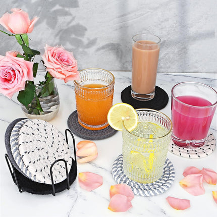8-Piece Glass Coasters Set with Metal Holder 4 Colors Handmade Cotton Linen Heat Resistant Absorbent Kitchen Dining Table Gift.