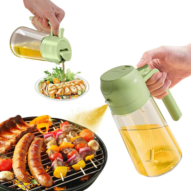 2-in-1 Olive Oil Spray & Pour Bottle 470ml Glass Dispenser for Cooking BBQ Kitchen.