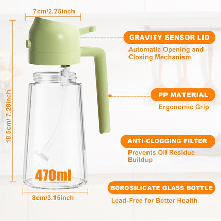 2-in-1 Olive Oil Spray & Pour Bottle 470ml Glass Dispenser for Cooking BBQ Kitchen.