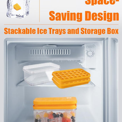 Ice Cube Tray with Lid&Bin, Ice Cube Mold with 56 Cubes, Stackable Ice Trays for Freezer with Easy-Release Silicone Bottom, for Drinks, Coffee, cocktail.