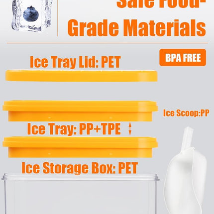 Ice Cube Tray with Lid&Bin, Ice Cube Mold with 56 Cubes, Stackable Ice Trays for Freezer with Easy-Release Silicone Bottom, for Drinks, Coffee, cocktail.