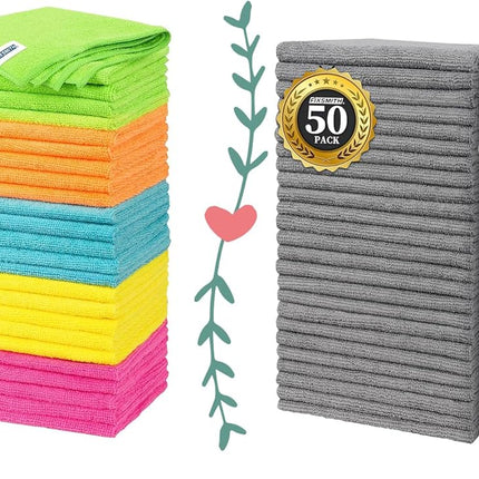 Microfiber Cleaning Cloth, 50 Pack Cleaning Rags& Grey Microfiber Cleaning Cloth -Pack of 50, 16"X12" Cleaning Rags for Housekeeping and Kitchen.