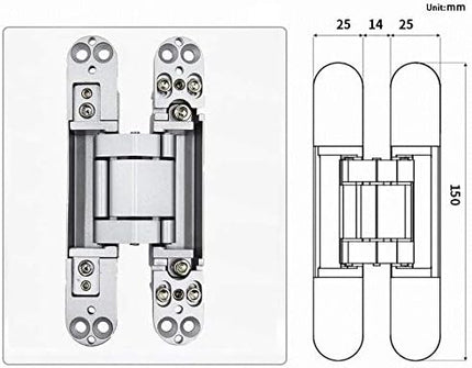 6inch Hidden Door Hinges Invisible Hinges Concealed Hinges Zinc Alloy 180 Degree Swing Hinge 3 Way Adjustable Butt Hinge 6 x 2.5 x 1 inch (Silver Pack of 3).