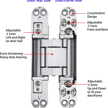 6inch Hidden Door Hinges Invisible Hinges Concealed Hinges Zinc Alloy 180 Degree Swing Hinge 3 Way Adjustable Butt Hinge 6 x 2.5 x 1 inch (Silver Pack of 3).