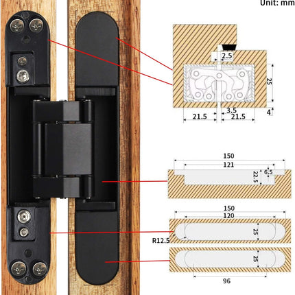 6inch Hidden Door Hinges Invisible Hinges Concealed Hinges Zinc Alloy 180 Degree Swing Hinge 3 Way Adjustable Butt Hinge 6 x 2.5 x 1 inch (Silver Pack of 3).