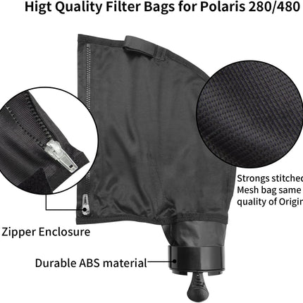 Black Nylon Mesh Pool Cleaner Bags,All Purpose Filter Bag K13 K16 with Zipper Replacement for Polaris 280 and 480 Pool Cleaner(2 Pack).