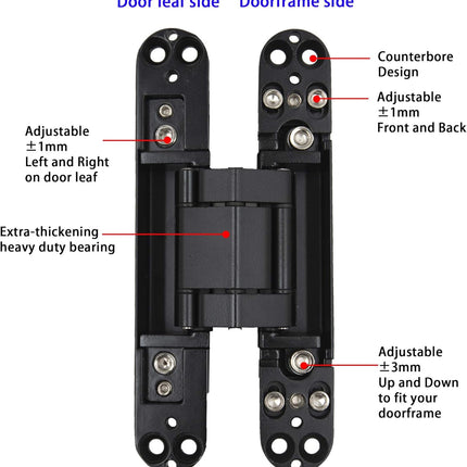 6 inch Hidden Door Hinges Invisible Hinges Concealed Hinges Zinc Alloy 180 Degree Swing Hinge 3 Way Adjustable Butt Hinge 6 x 2.5 x 1 inch (Black Pack of 3).