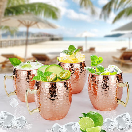 Moscow Mule Mugs Set of 4, 16 OZ Hammered Copper Cups with 304 Stainless Steel Lining and Gold Brass Handles, for Cold Drinks, Beer, Wine, Bars, Parties.