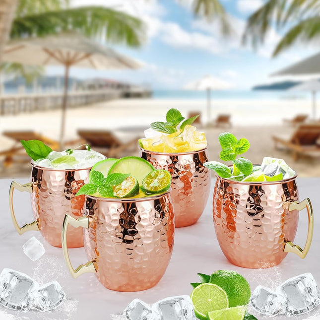 Moscow Mule Mugs Set of 4, 16 OZ Hammered Copper Cups with 304 Stainless Steel Lining and Gold Brass Handles, for Cold Drinks, Beer, Wine, Bars, Parties.