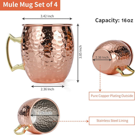 Moscow Mule Mugs Set of 4, 16 OZ Hammered Copper Cups with 304 Stainless Steel Lining and Gold Brass Handles, for Cold Drinks, Beer, Wine, Bars, Parties.