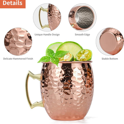 Moscow Mule Mugs Set of 4, 16 OZ Hammered Copper Cups with 304 Stainless Steel Lining and Gold Brass Handles, for Cold Drinks, Beer, Wine, Bars, Parties.