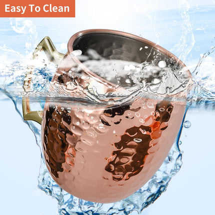 Moscow Mule Mugs Set of 4, 16 OZ Hammered Copper Cups with 304 Stainless Steel Lining and Gold Brass Handles, for Cold Drinks, Beer, Wine, Bars, Parties.