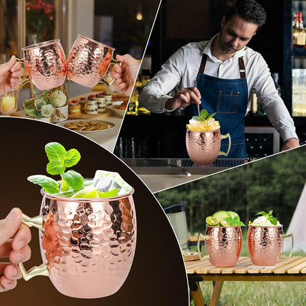 Moscow Mule Mugs Set of 4, 16 OZ Hammered Copper Cups with 304 Stainless Steel Lining and Gold Brass Handles, for Cold Drinks, Beer, Wine, Bars, Parties.