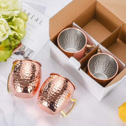Moscow Mule Mugs Set of 4, 16 OZ Hammered Copper Cups with 304 Stainless Steel Lining and Gold Brass Handles, for Cold Drinks, Beer, Wine, Bars, Parties.