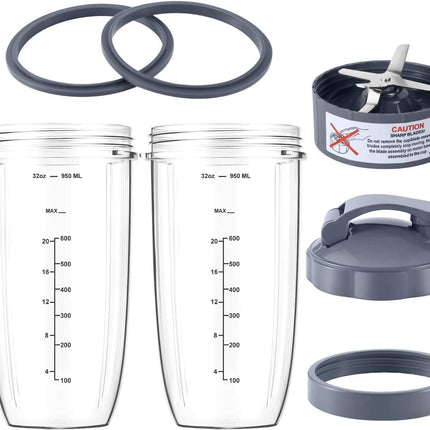 7 Pieces nutribullet Blender Cups & Blade Replacement Set 32oz Huge Cup with 1 Flip-Top To-Go Lid and 1 Lid Ring & Premium Extractor Blade with Compatible with NutriBullet 600w/900w Blender.